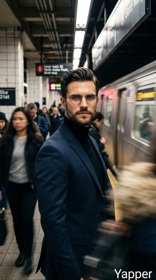 Cinematic portrait of a stylish man standing on a busy subway platform, wearing...