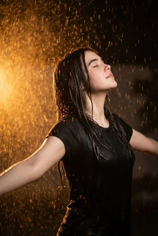 Ultra realistic cinematic portrait of a 32-year-old young woman standing in heav...