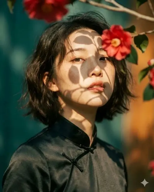 Artistic portrait of an elegant Asian woman wearing a black silk cheongsam (qipa...