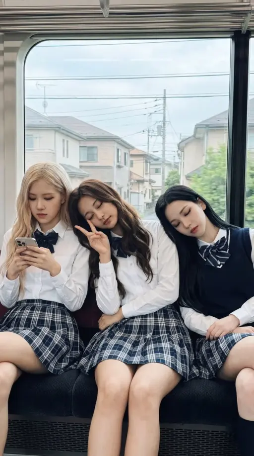 { "prompt": "Three K-pop idols sitting on a train. Left girl is Rosé with pale s...