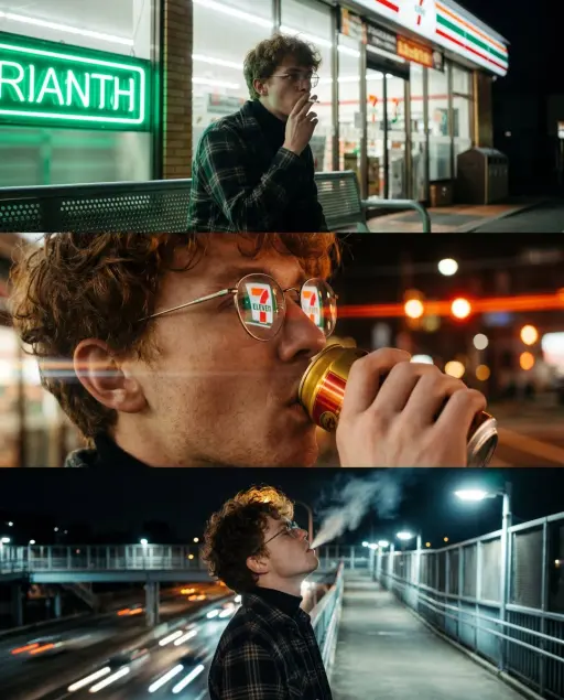 A vertical triptych of three cinematic, night-time urban photographs featuring a...