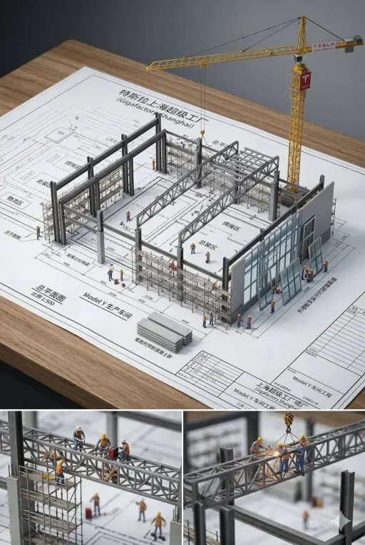 An architectural blueprint of {BUILDING_NAME} placed on a {SURFACE}, with a phot...