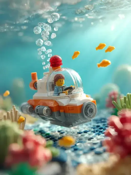 Surrounding the submarine are multiple small bright yellow LEGO fish swimming at...
