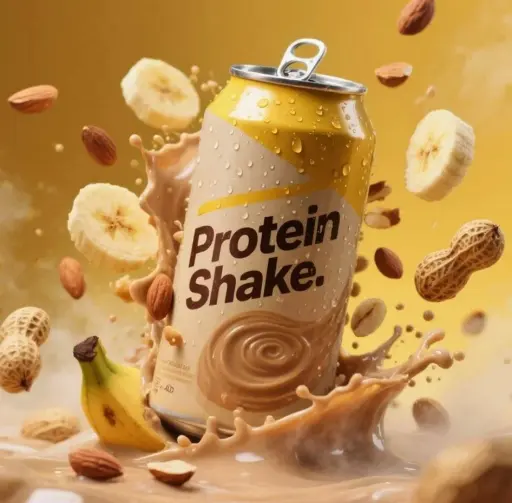 Hyper-realistic product advertisement of a protein shake can with yellow and cre...