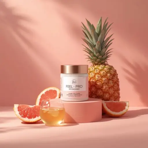 Minimalist luxury product photography of a collagen supplement jar placed on a s...