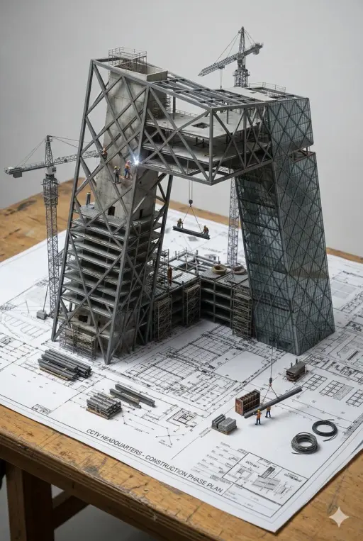 An architectural blueprint of {BUILDING_NAME} placed on a {SURFACE}, with a phot...