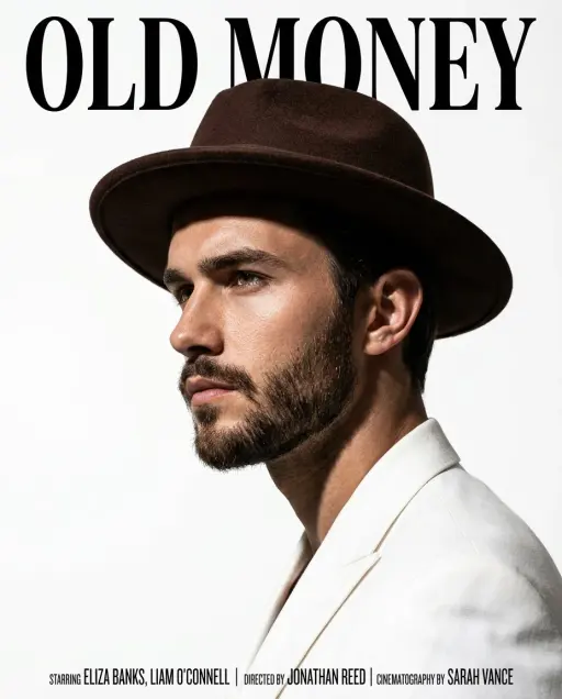 A cinematic magazine-style portrait of a handsome man in side profile, wearing a...