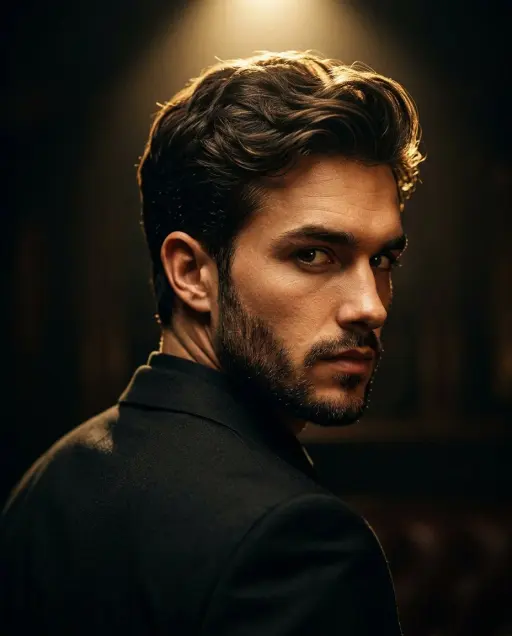 Ultra-realistic cinematic portrait of a stylish man in a black suit, captured fr...