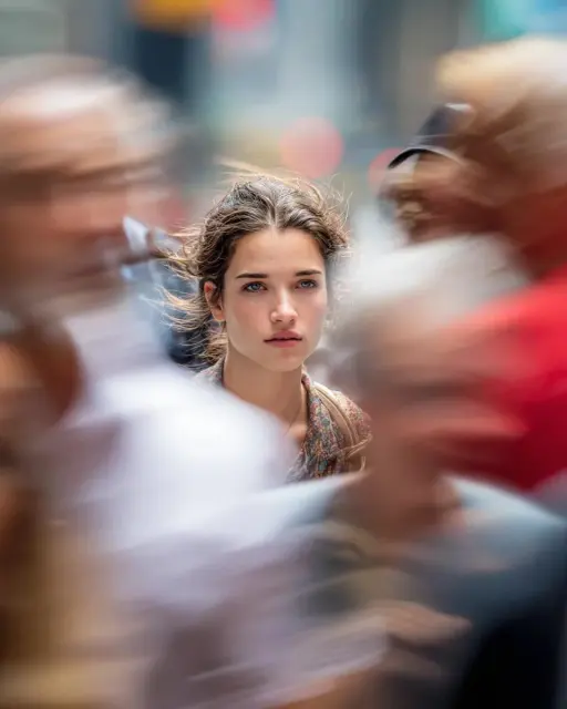Model looking at camera, close up of face, busy New York street, motion blurred...