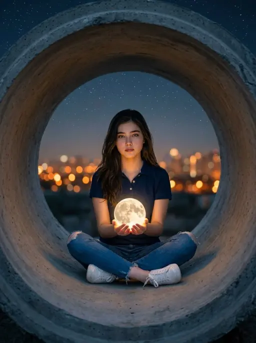 Hyper-realistic surreal photography of a woman sitting inside a massive, rough c...