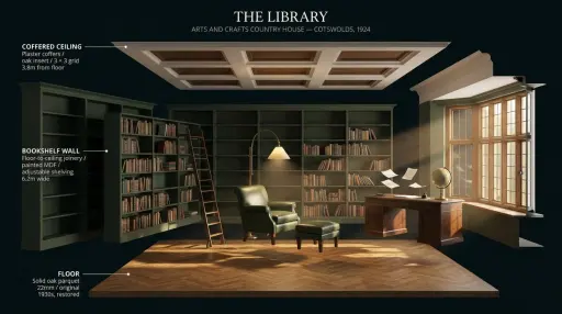[ROOM TYPE] pulled apart in 3D, every surface and object floating at its exact p...