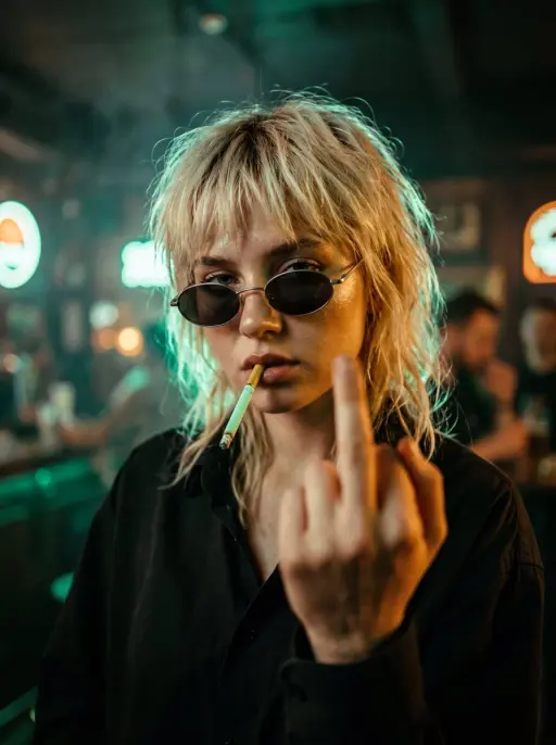 A high-intensity, cinematic close-up portrait of a defiant young woman with mess...