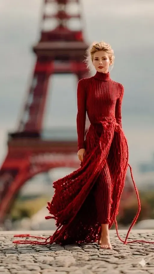 The Eiffel Tower is wrapped in an unreal, surreal layer of vibrant red yarn, as...
