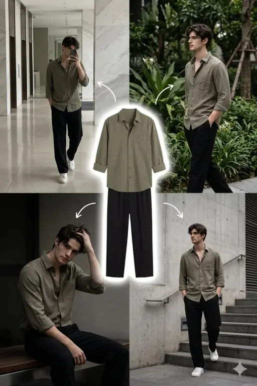 A stylish young man with medium-length wavy dark hair and a clean face, wearing...