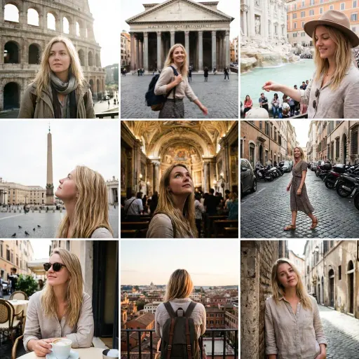 { "Objective": "Create a 3x3 Instagram-style grid of low-quality smartphone phot...
