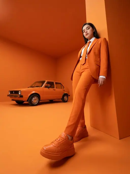 High-fashion editorial photography of a woman with the uploaded face as referenc...