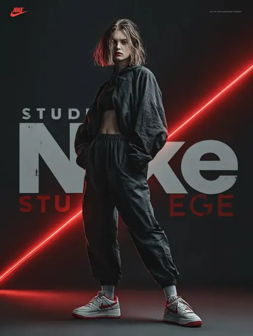 A dynamic fashion advertisement for Nike showing a hyper-realistic model mid-twi...
