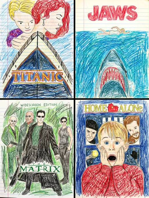 Transform this movie poster into a child’s crayon drawing on lined notebook pape...