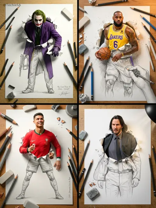 A stunning Trompe L’oeil 3D composition, where the subject—using an uploaded fac...