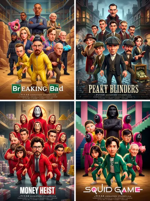 Pixar 3D CGI animated movie poster style, ensemble cast featuring the most iconi...