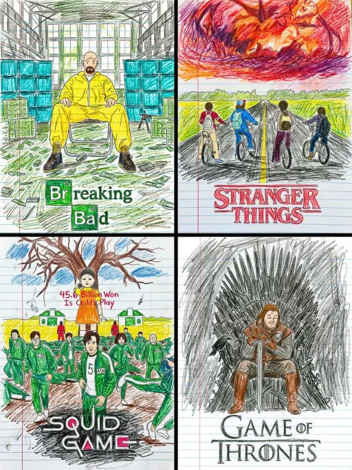 Transform this movie poster into a child’s crayon drawing on lined notebook pape...