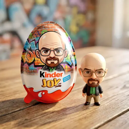 A hyper-realistic product photo of a Kinder Joy surprise egg sitting on a wooden...