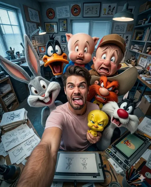 Ultra-realistic 4:5 vertical format ultra wide angle 13mm selfie of me with Bugs...