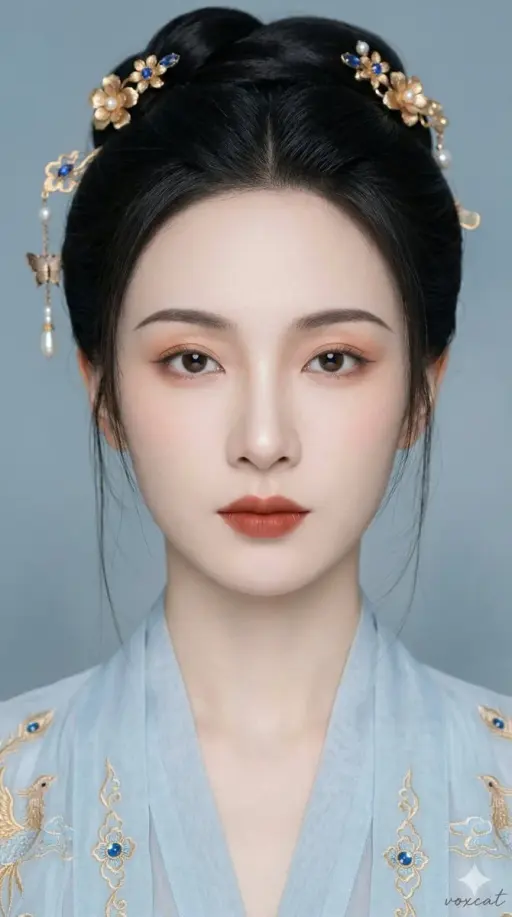 Front-facing portrait of an elegant classical Chinese woman, extreme close-up fa...