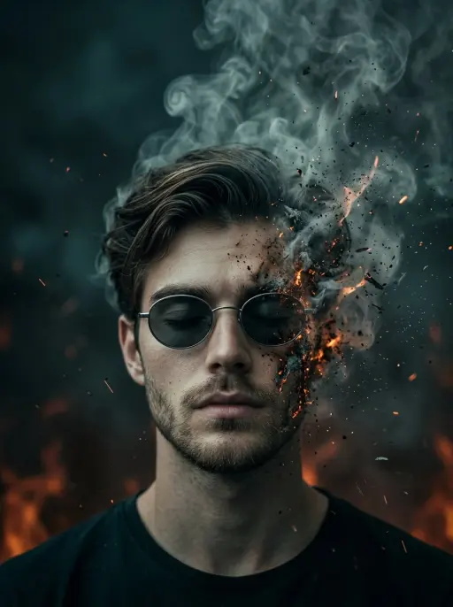 A surreal cinematic portrait of a young man with oval sunglasses, eyes closed, c...