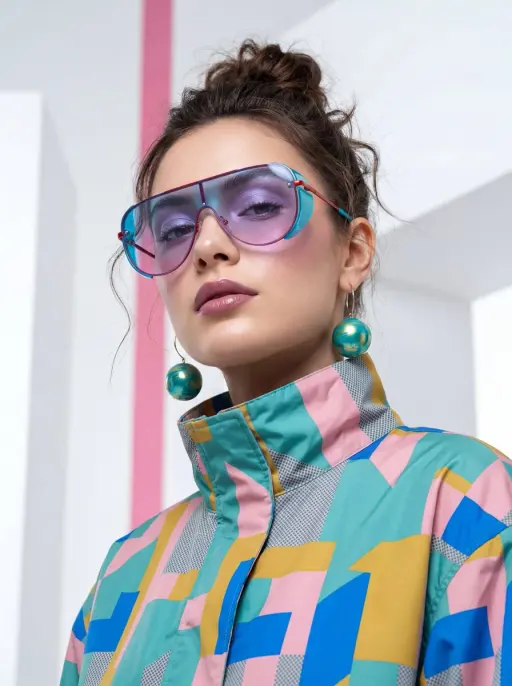 A high-fashion, cinematic portrait of a young woman with a sharp, modern aesthet...