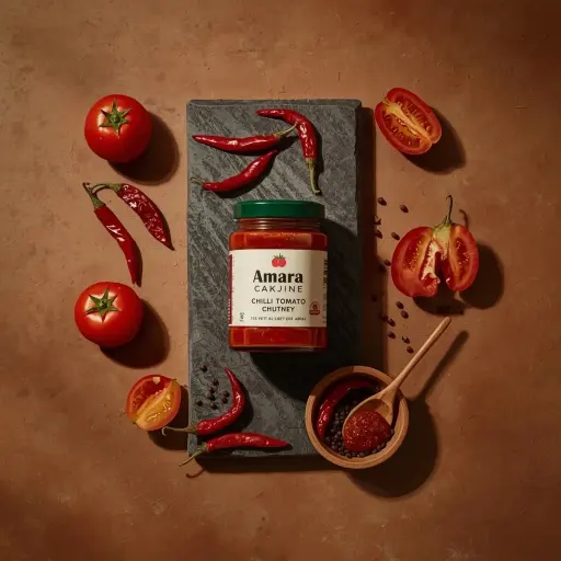 Top-down premium food photography of a glass jar of chili tomato chutney placed...