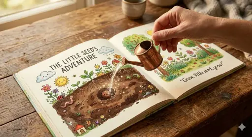 { "prompt": "An open children’s picture book rests on a wooden table, showing a...