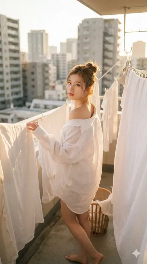 { "raw_prompt": "K-pop idol Sana (TWICE) posing on a sunlit balcony among hangin...