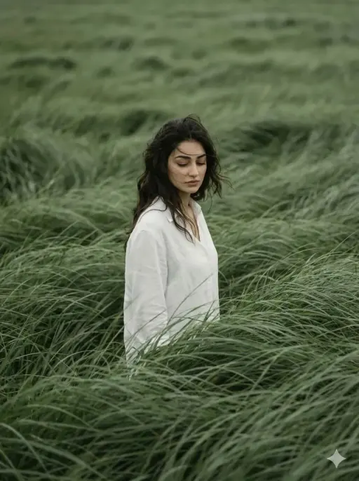 Create a 3:4 cinematic, atmospheric editorial portrait using the attached photo...