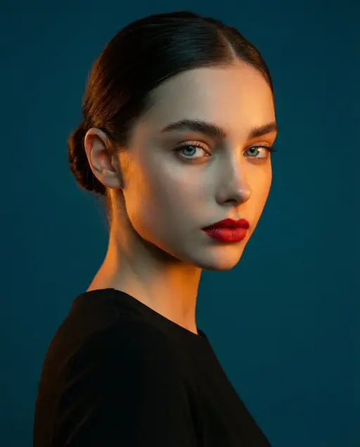 A studio portrait, medium shot of a woman. High-contrast lighting: warm orange-g...