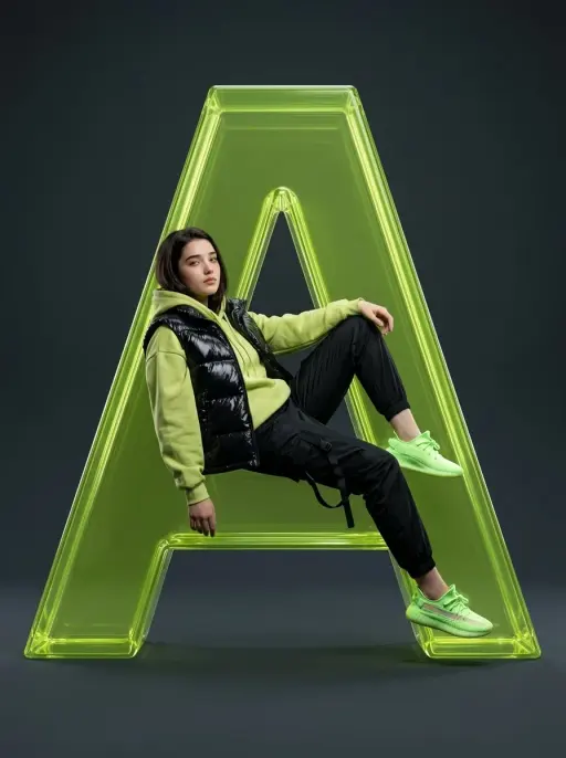 Full-body studio fashion portrait of a female subject with uploaded face as refe...