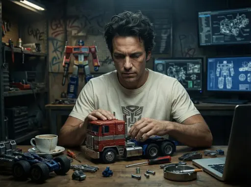 { "title": "Optimus Prime Toy Assembly Workshop", "style": "Hyper-realistic cine...