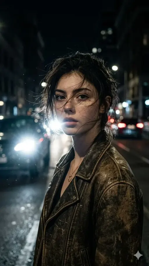 Ultra-realistic portrait of a woman (from uploaded image), messy hair slightly w...
