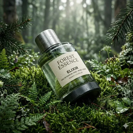 Ultra-realistic premium fragrance product shot of a perfume bottle (Forest Essen...