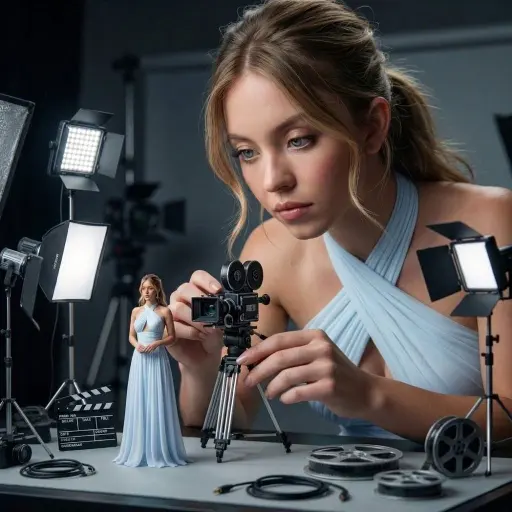 A hyper-realistic cinematic scene of a giant woman filmmaker carefully adjusting...