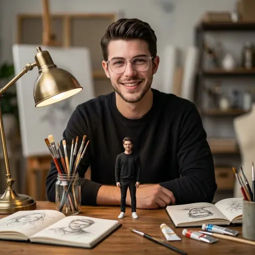 Ultra-realistic cinematic portrait of a young man sitting at a wooden desk in a...