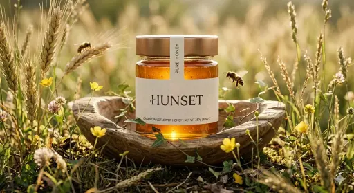 Ultra-realistic cinematic product shot of a premium honey jar placed inside a sh...