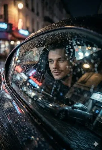 A low-angle, cinematic close-up shot looking through a rain-slicked car window....