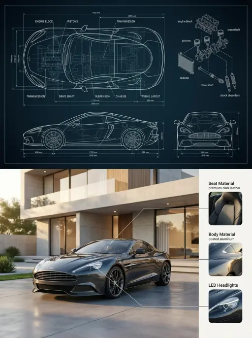 { "objective": "Create a premium split composition showing a detailed automotive...