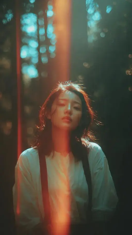 A cinematic portrait of an Asian woman standing in a quiet forest, captured in a...