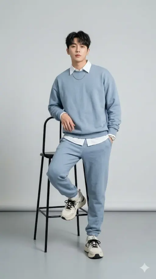 Subject & Pose Full-body studio fashion photography of a young East Asian man wi...