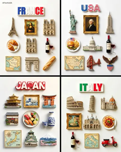 A flat-lay collection of exactly 9 hyper-realistic 3D resin fridge magnets arran...