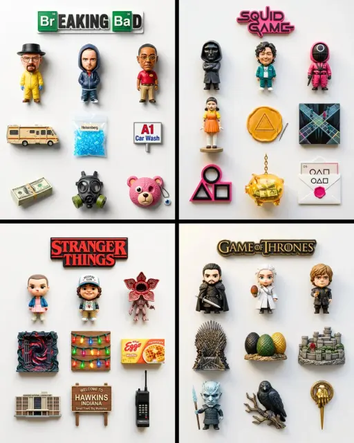 A flat-lay collection of exactly 9 hyper-realistic 3D resin fridge magnets arran...