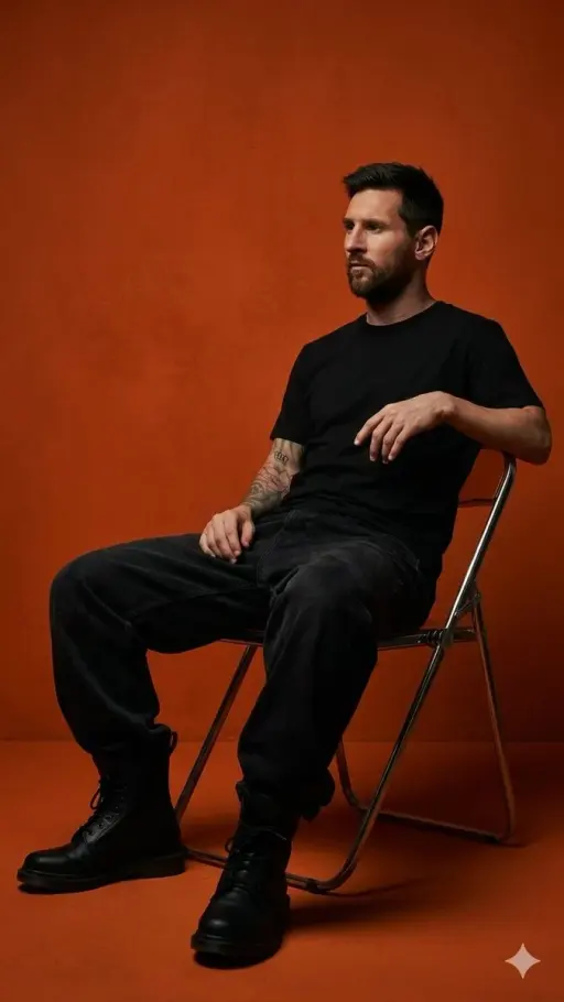 Use model (the person in the image) you create a dark orange studio photo featur...