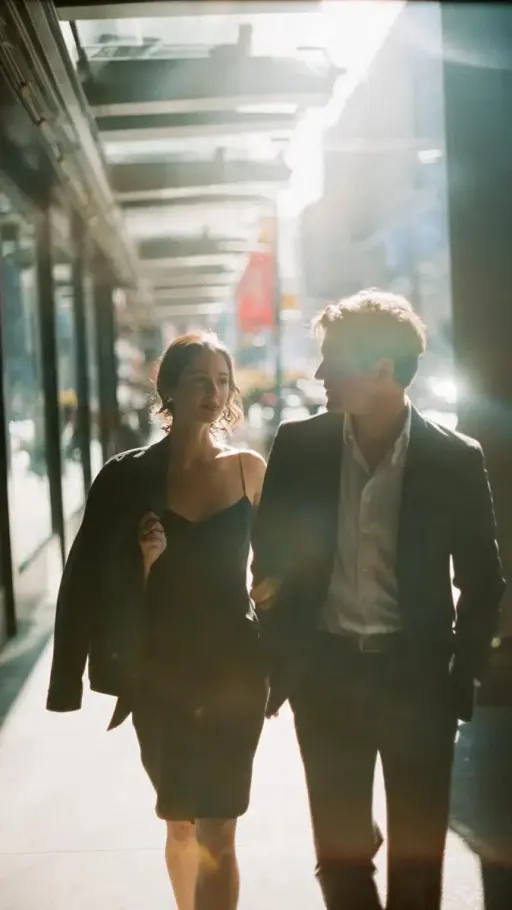 A cinematic candid medium shot portrait of a man and a woman walking side by sid...